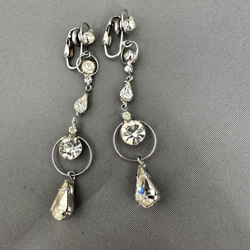 Vintage Gatsby‎ Clear Rhinestone Chandelier Clip On Drop Earrings Statement
